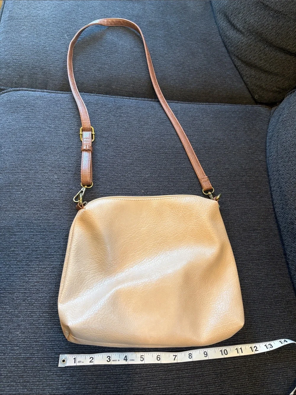 Neutral Beige Pebbled Faux Leather Crossbody with Brown Strap